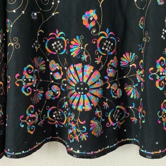 VINTAGE Embroidered Linen Skirt Black A-line Midi Pin-Up Retro Rockabilly 8 - Picture 8 of 12